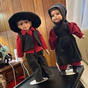 Vintage 12” Amish Doll Set with Burgundy and Black Outfits